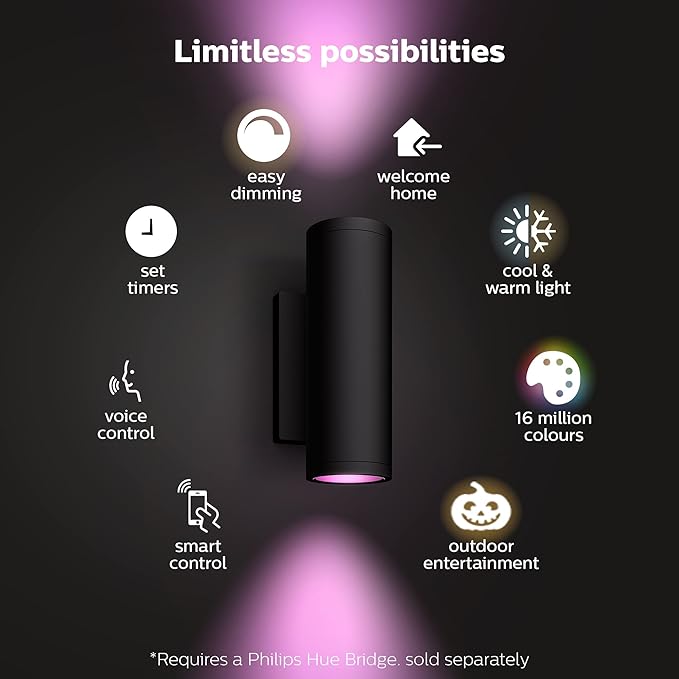 Philips Hue Appear Outdoor Smart Wall Light Black - White and Color Ambiance LED Color-Changing Light - 1 Pack - Requires Hue Bridge - Control with Hue App and Voice - Weatherproof