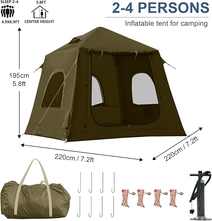 Inflatable Tents for Camping2/4 Person Easy Setup Blow Up Tents for 4 Seasons Waterproof InflatableTent for Camping Air Glamping Tents for Camping Adult