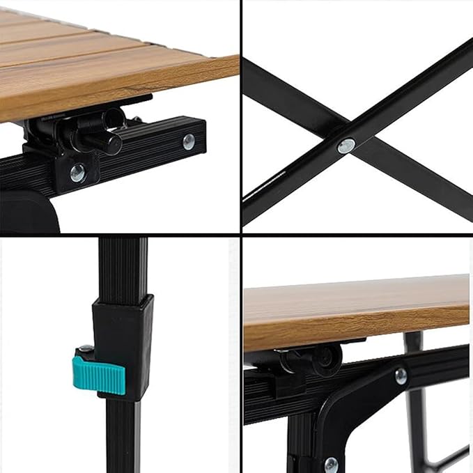 Folding Camping Table Height Adjustable Portable Imitation Wood Grain Aluminum Camp Table Desk Lightweight Durable Roll Up Picnic Tables