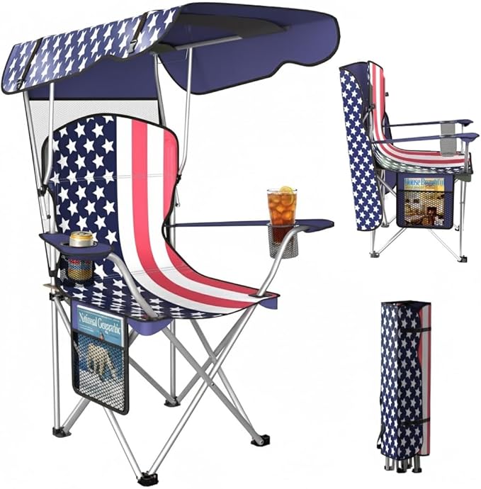 Portable Folding Camping Chairs with Canopy Shade Beach Chair for Adults Durable Weather Resistant 600D Oxford Cloth Camping Chair with Canopy for Outdoors [Flag]