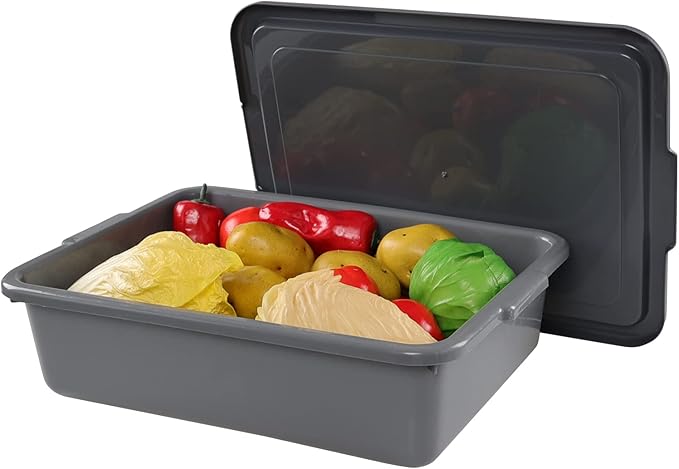 3-Pack 13 L Plastic Bus Tub Commercial Utility Bus Boxes with Lids Gray
