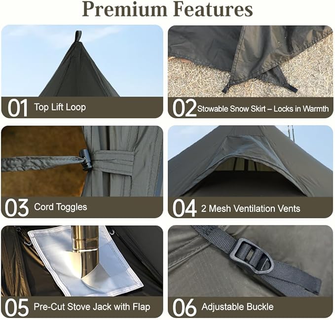 MC TOMOUNT 3.6lb Ultralight Hot Tent with Stove Jack 4 Season 1-2 Person Tipi Backpacking Tent for Camping 20D Ripstop Nylon Windproof Waterproof Winter Teepee Tents for Hiking Survival Hunting