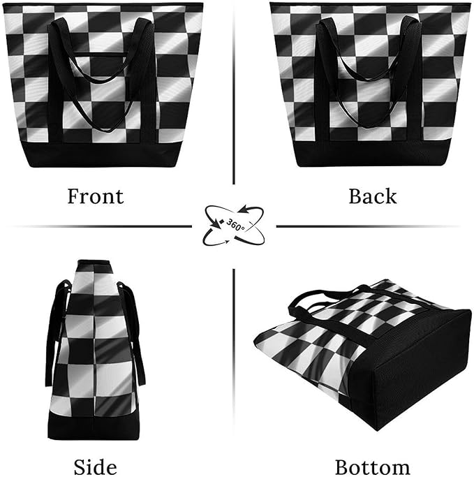 Insulated Shopping BagLarge Reusable Cooler Bags Black White Race Checkered Flag Printed Foldable Shopping BagTravel Waterproof Shoulder Bag