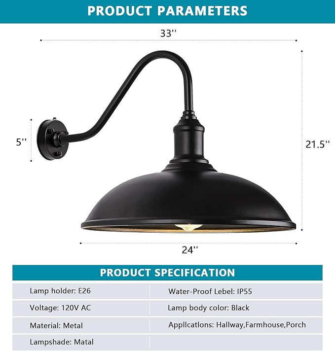24 Inch Extra Large Outdoor Gooseneck Barn Light with Extended Gooseneck Arm - Automatic Dusk to Dawn Sensor Weatherproof Rustproof Wall Mounted Exterior Light Fixture for Farmhouse Garage