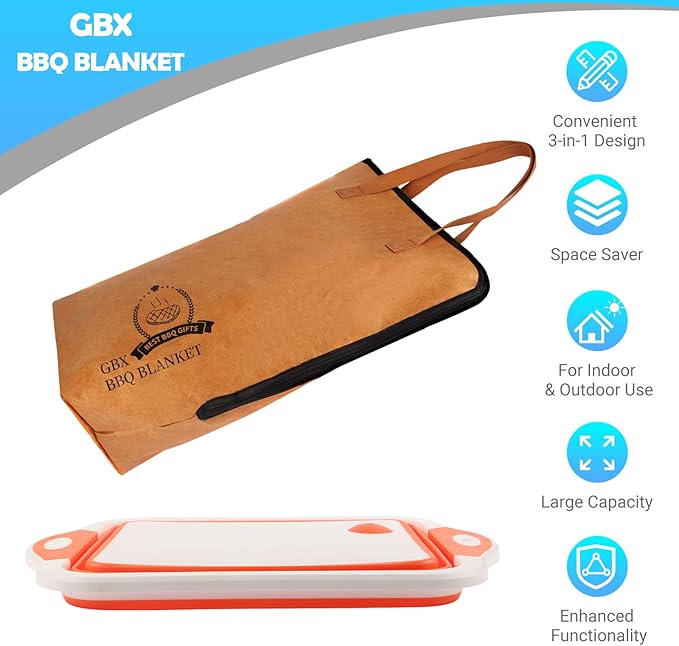 Collapsible BBQ Prep Tub &amp BBQ Resting Bag - Multi-Function Foldable Cutting Board BPA Free Portable Silicone Dish Bowl Leak Free Drain Hole for Meal Prep Marinating Food Storage(Orange)