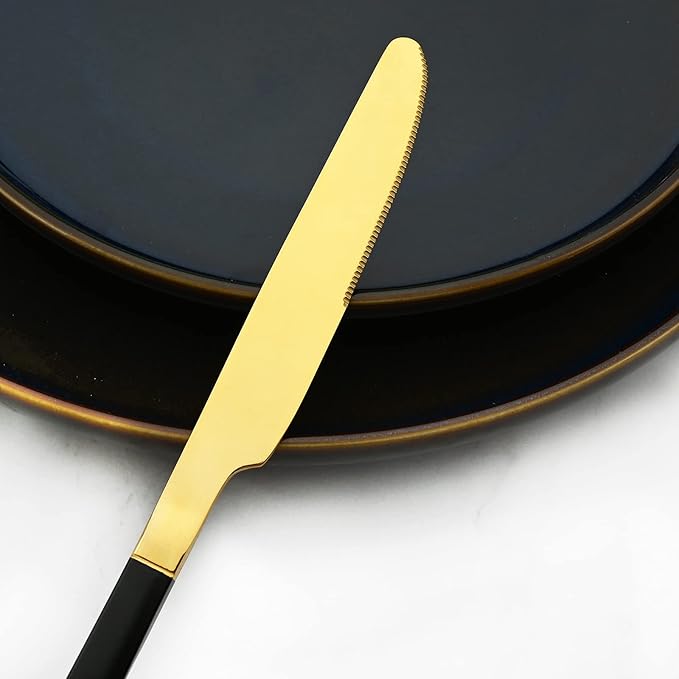 24 Piece Mirror Golden Plated 18/0 Stainless Steel Flatware Set Black Handle With Golden Mouth Silverware Set With Teaspoon Cutlery Set Service for 6