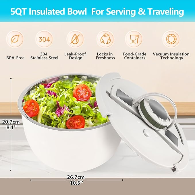 Double-Walled Stainless Steel Insulated Serving Bowl with Leak - Proof Lid - Insulated Casserole Dish - Keeps Food Warm and Cold for Hours - Perfect for Holidays Parties Camping - (5QT White)