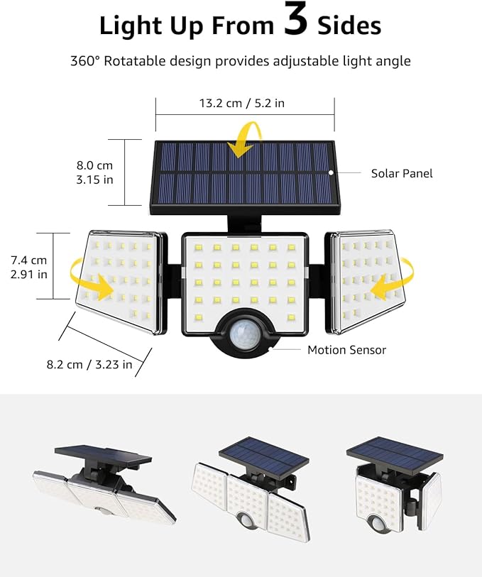 LE Solar Lights for Outside Solar Lights Outdoor with Motion Sensor WL4000 High Brightness 3 Adjustable Heads 270° Wide Lighting Angle IP65 Waterproof Wireless Wall Lamp for Yard Garage 2 Packs