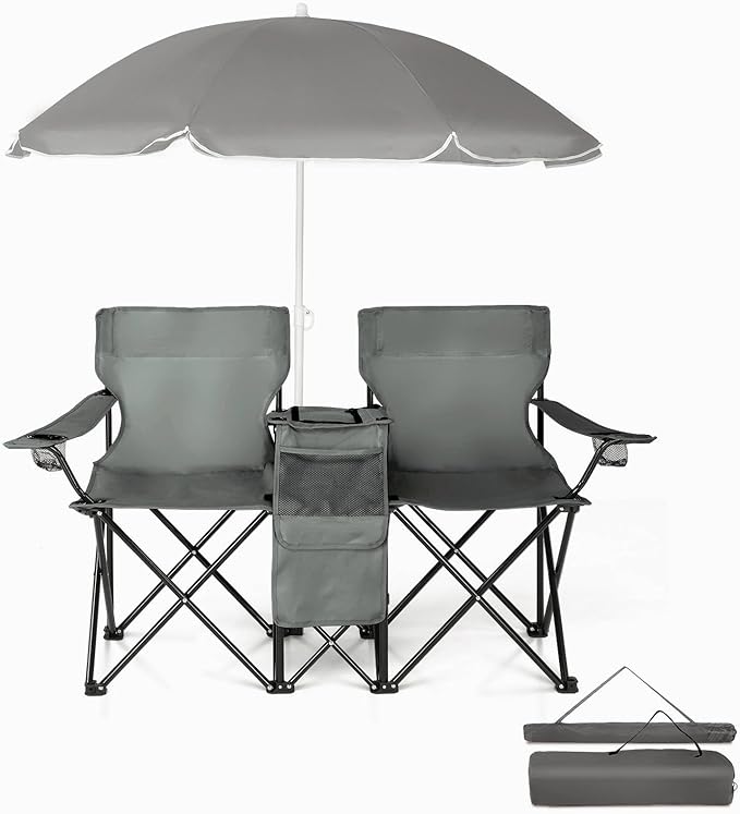 Double Camping Chair with Umbrella Portable Folding Beach Chairs Cup Holders Gray