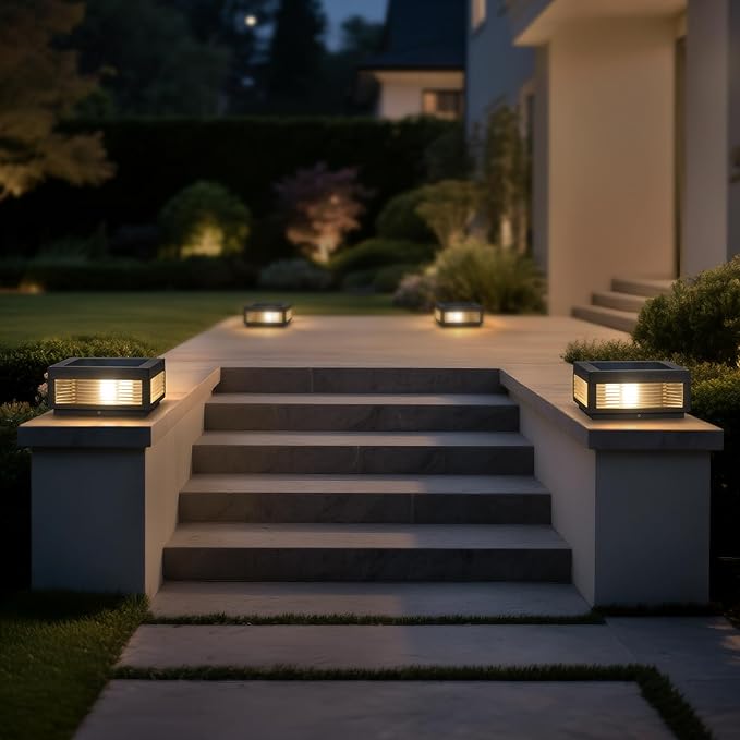 Solar Post Light11.81''x11.81'' Waterproof Column Pillar Lights Dusk to Dawn Modern Lamp Posts 3000K LED E26 Bulb Decoration Lantern for Garden Fence Patio Driveway