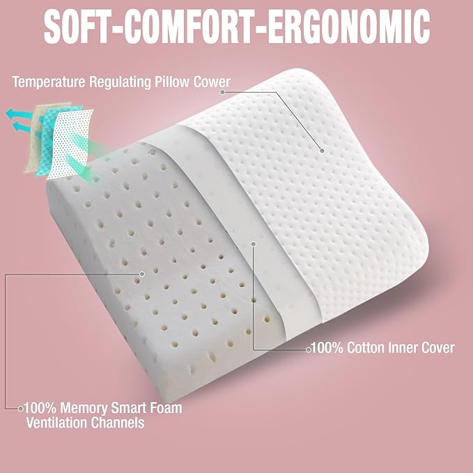 alkamto Travel &amp Camping Comfortable Memory Foam Pillow – Easy to Carry Portable Bag – Temperature Regulating Pillow Case (Pink Contour + Extra Cover)
