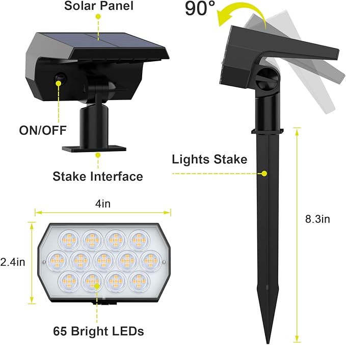 Solar Spot Lights Outdoor 8 Pack IP65 Waterproof Solar Landscape Spotlights with 65 LEDs 3 Lighting Modes Solar Garden Lights for Yard Pathway House Driveway (Warm White)