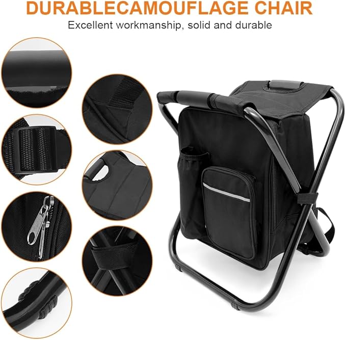 Portable Folding Camping Stool Backpack with Cooler Bag Hiking Seat Outdoor Fishing Hunting Gifts Black