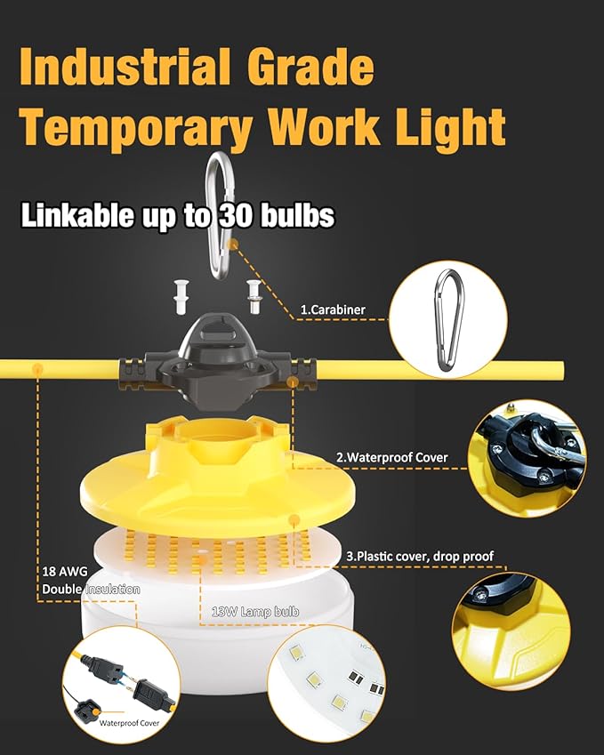 LED Construction String Light 50FT 65W 8000Lm Industrial LED String Work Lights with 5 Bulbs 5000K Linkable Work Lights Temporary Lighting for Construction Site Job Site Attic Crawl Space