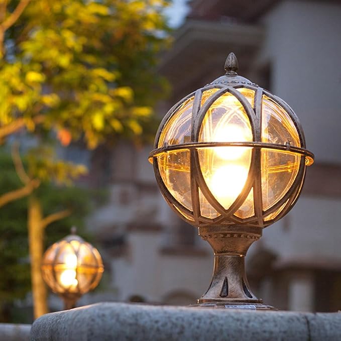 Outdoor Post Light Fixture Retro Amber Glass Ball Pillar Lights Waterproof Exterior Column Lamp Villa Courtyard Garden Park Doorpost Light Landscape Fence Bollard Pedestal Light