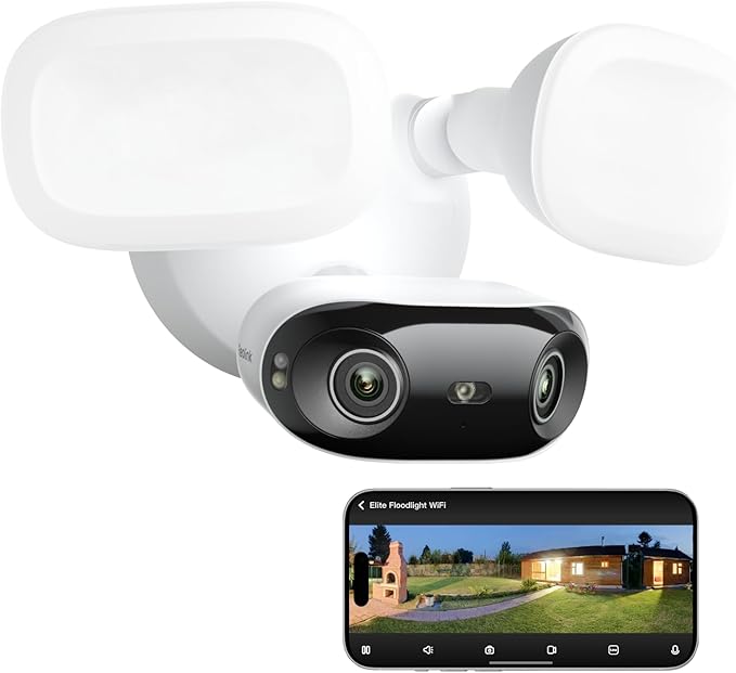 REOLINK Elite Floodlight WiFi 4K 8MP 180° Panoramic Wired Floodlight Camera Adjustable 3000 Lumens Local AI Video Search Dual-Band Wi-Fi 6 24/7 Recording No Monthly Fees 100~240V AC Hardwired