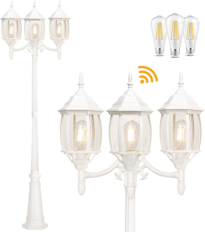 Dusk to Dawn Sensor Outdoor Lamp Post Light 3-Head Classic White Light Pole with Clear Glass Panels (3 LED Bulbs Included Max.100W) Waterproof Outside Street Light for Backyard Garden Driveway