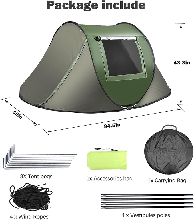 Instant Pop Up Tent Automatic Easy Setup Outdoor Waterproof Windproof Family Tent Upgraded 2 Doors Vestibule Sun Shelter for 2-3 People Outdoor CampingTravellingHiking BeachGreen