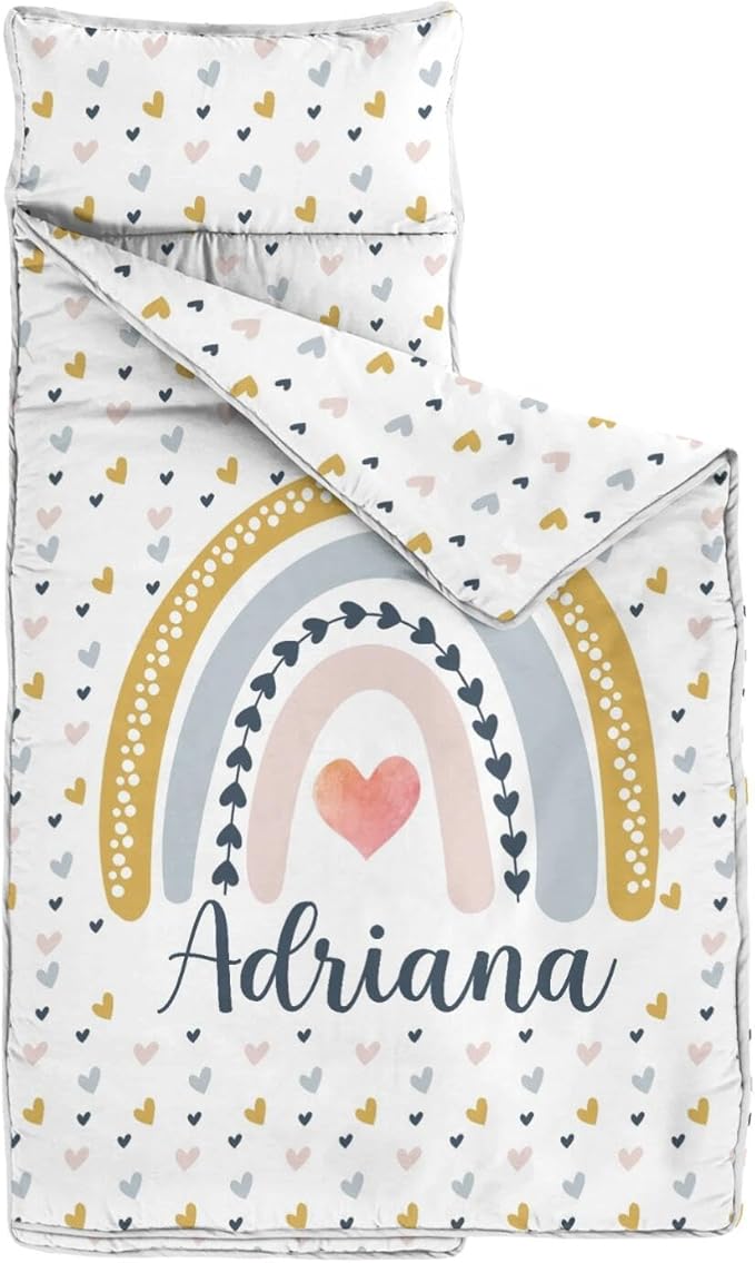 Personalized Boho Rainbow Toddler Nap Mat with Pillow and Blanket Custom Name Kids Sleeping Bag for Daycare Preschool Napping Mats for Girls Kids Slumber Bags Sleep Padded Easy Roll Up