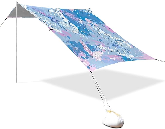 Butterflies Beach Tent Sun Shelter 9.2' x 10.5' Beach Canopy with 4 Sandbags 4 Stability Poles Sand Shovels - Tent Canopy for Beach Camping Fishing Picnics
