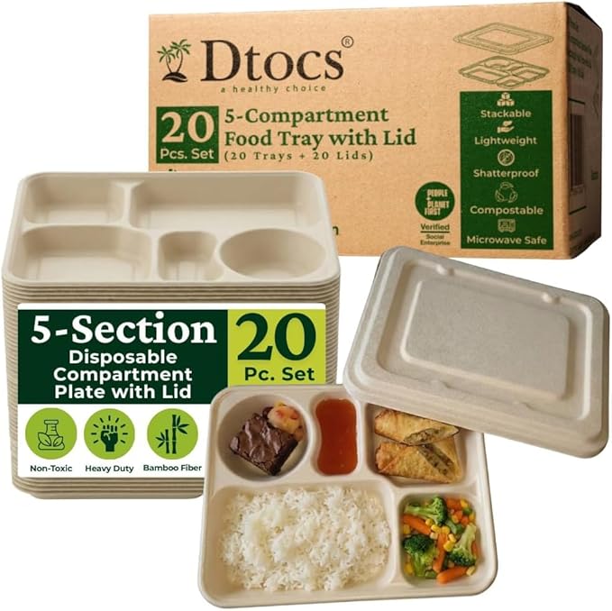 Dtocs Bamboo Fiber 5 Compartment Plates with Lid Set (20 Pcs.) 9 | Heavy Duty Multipurpose Sectional Trays Divided Plate | Microwavable Bamboo Disposable Trays Alt to Plastic Portion Paper Plates