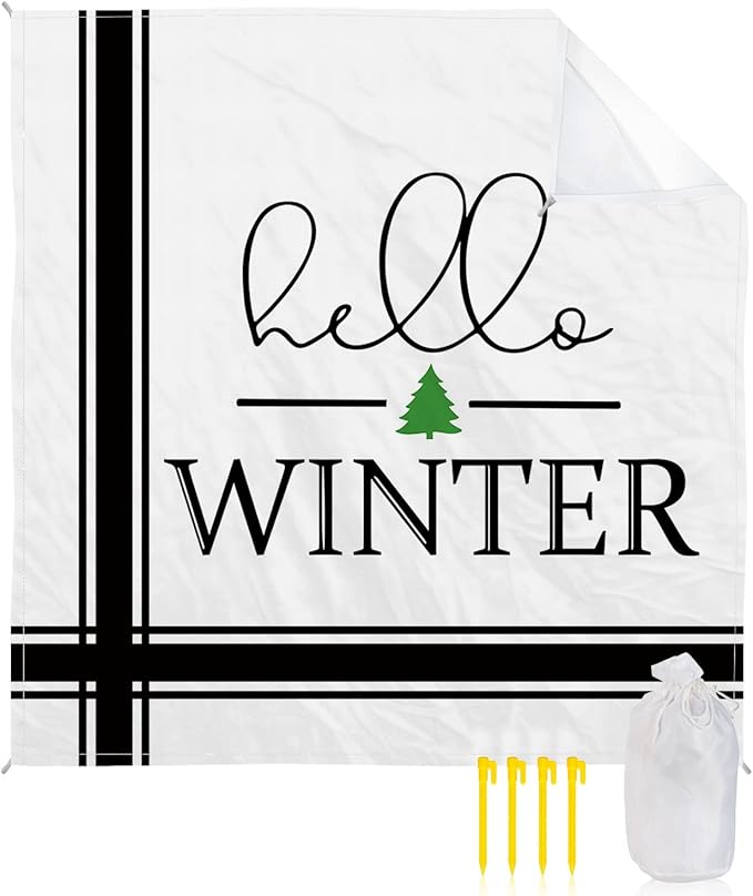 Beach Blanket Waterproof Sandproof OversizedChristmas Hello Winter Quotes Beach Mat with Corner Stakes Sand PocketsWhite Black Modern Stripes Outdoor Picnic Mat for Travel Camping Hiking 108x84In
