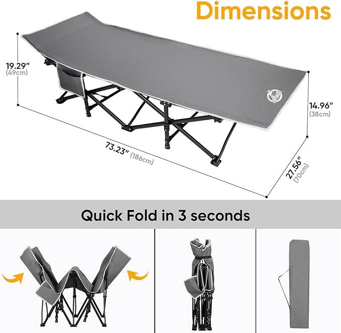 Northroad Camping Cot with Thick MattressQuick Set-Up Sleeping Cots Bed with Side Pocket for Outdoor Camping Office Nap Home Garden Beach Travel Grey