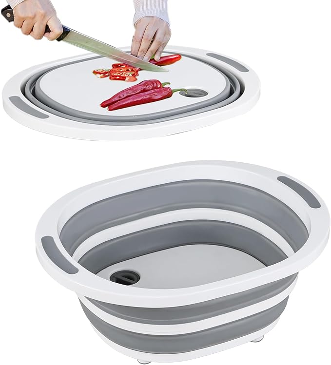 8 L Collapsible Wash Basin/Cutting Board Foldable BBQ Prep Tub Portable Sink Dish Basin with Drain