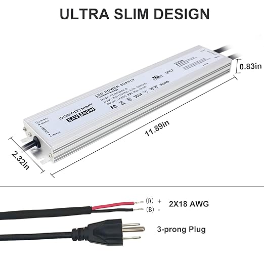 24V DC Power Supply 300W - Ultra Slim LED Driver Low Voltage Transformer with 3-Prong Plug &amp 3.3ft Cable IP67 Waterproof for LED Strip Lights Outdoor Lighting