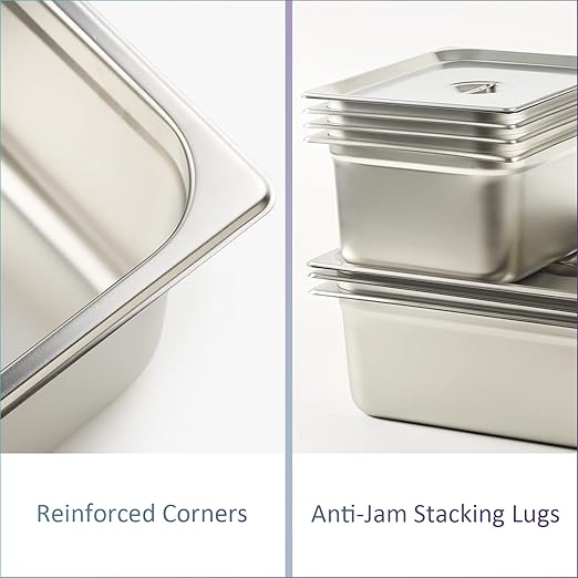 CURTA 6 Pack Anti-Jam Hotel Pans 1/4 Size 4 Inch Deep NSF Commercial 18/8 Stainless Steel Chafing Steam Table Pan Catering Storage Metal Food Pan