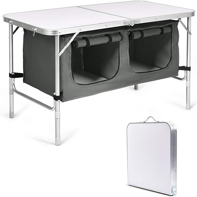 Goplus Folding Camping Table with Storage Aluminum Outdoor Camp Table with 2-Level Adjustable Height Lightweight Portable Foldable Picnic Table for Tailgating Beach BBQ Party RV