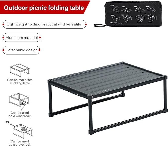 Camp Table Portable Folding Picnic Table Lightweight Aluminum Camping Table Outdoor Travel Furniture with Non-Slip Feet (Black)