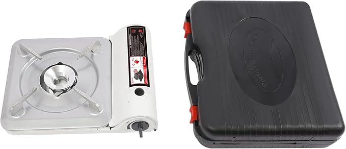 Portable Camping Stove 3500W Gas Stove with Grill Plate and Portable Case BBQ Grill Butane Camping Stove Camping Stove Ideal for Outdoor Cooking Camping Road Trip Gathering (White)