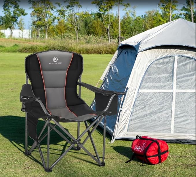 ALPHA CAMP Oversized Folding Camping Chair Heavy Duty Portable Lawn Chairs with Cooler Bag Side Pocket &amp Cup Holder Folding Chairs for Outside Support 450 LBS