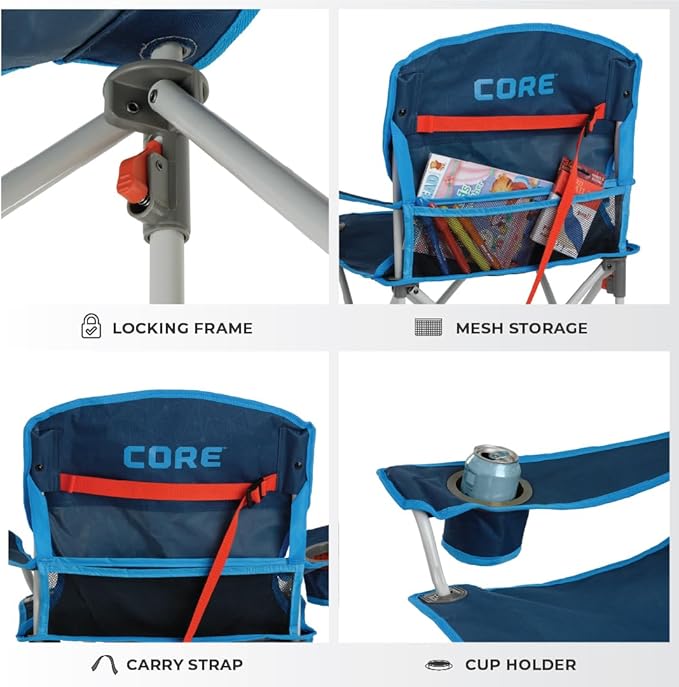 CORE Youth Quad Chair | Folding Chair with Cupholder for Indoor Home or Outdoor Camping | Perfect for Concert Seat Sports Beach Travel &amp Picnic (Blue)
