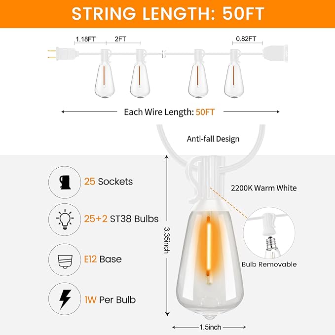 LED Outdoor String Lights 50ft ST38 White Waterproof Patio Lights with 25 Vintage Shatterproof Bulbs(2 Spare)