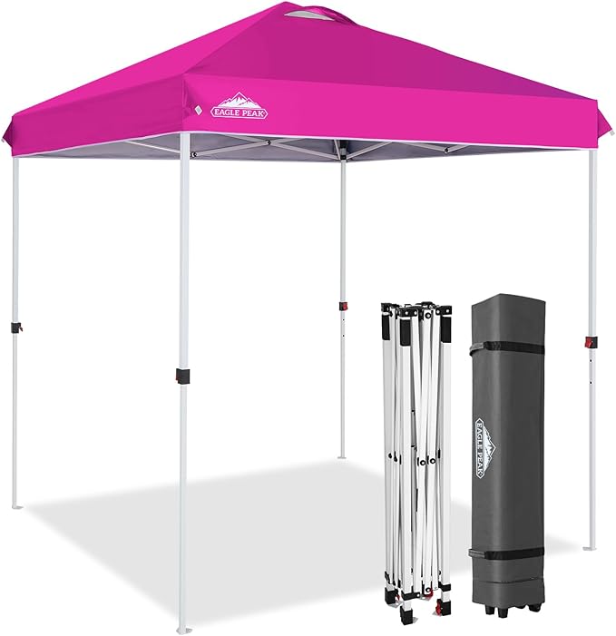 EAGLE PEAK Pop Up Canopy Tent with Wheeled Carry Bag 8 Stakes 4 Ropes Easy Set Up Tent Canopy 6.6x6.6 ft Pink