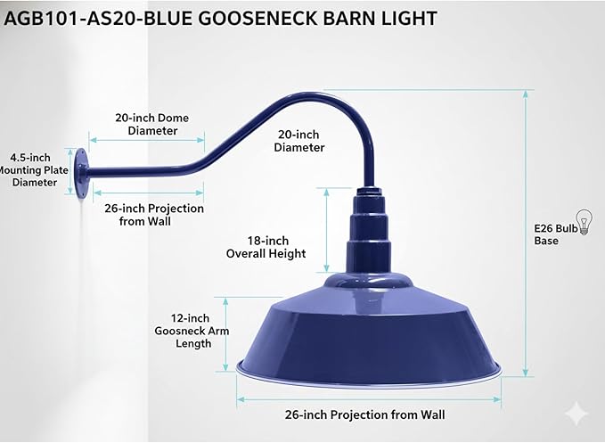 AGB101-AS18-BLUE Gooseneck Barn Light - Blue Outdoor Dome with Incandescent Downlight | Wall-Mount Fixture for Patios Gardens Pathways and Large Outdoor Living Spaces