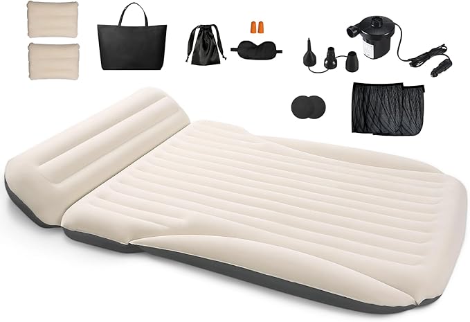 Car Bed with The Most Complete Sleeping AccessoriesLeakproof Durable Car Mattress with Pillow &amp Pump|for SUV Minivan Mpv Road Trip Inflatable BedSingle-Sided Flocking Off-White + Gray