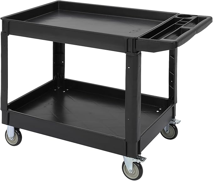 Utility Service Cart with Wheels and Two Trays Service Cart 2-Shelf 500lbs Rolling Utility Cart for Warehouse/Garage/Cleaning/Manufacturing 2 Tier Heavy Duty Uline Tool Cart 45X25 Black