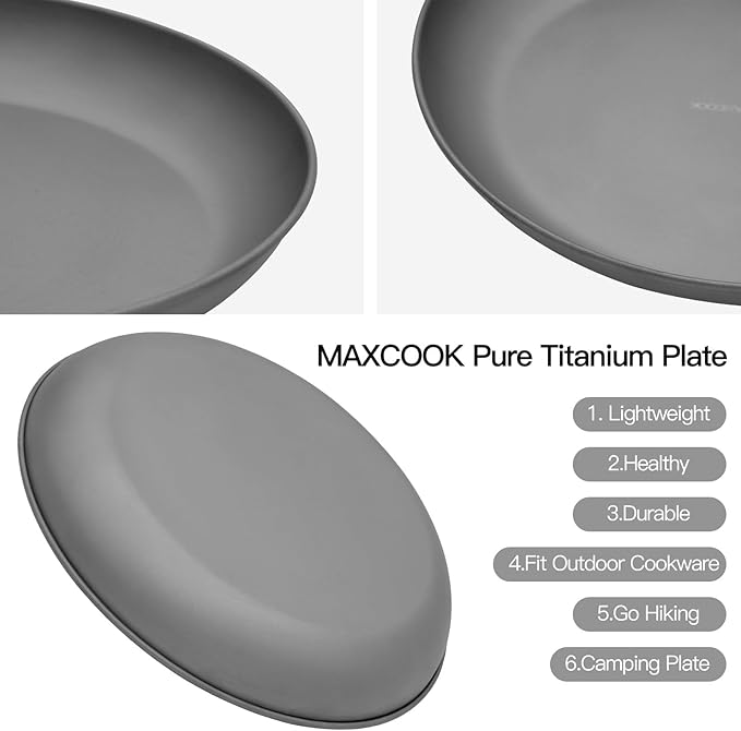 2 pcs Titanium Camping Plate Dishes8.66 Inch Ultralight Durable Titanium Dish Plate Outdoor Pasta Serving Backpacking plates for Travel Hiking Kitchen (22cm)