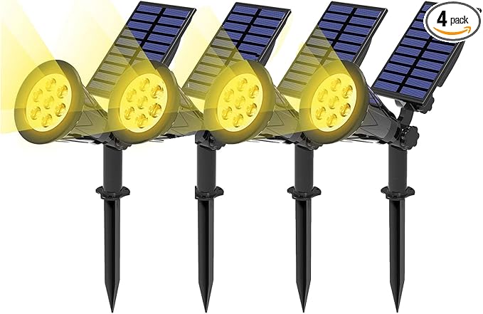 T-SUN Solar Spotlights 7 LED Solar Lights Outdoor Waterproof Auto ON/Off Adjustable Solar Garden Pond Lights for Tree Patio Yard Garden Driveway Stairs Pool Area (Yellow- 4 Pack)