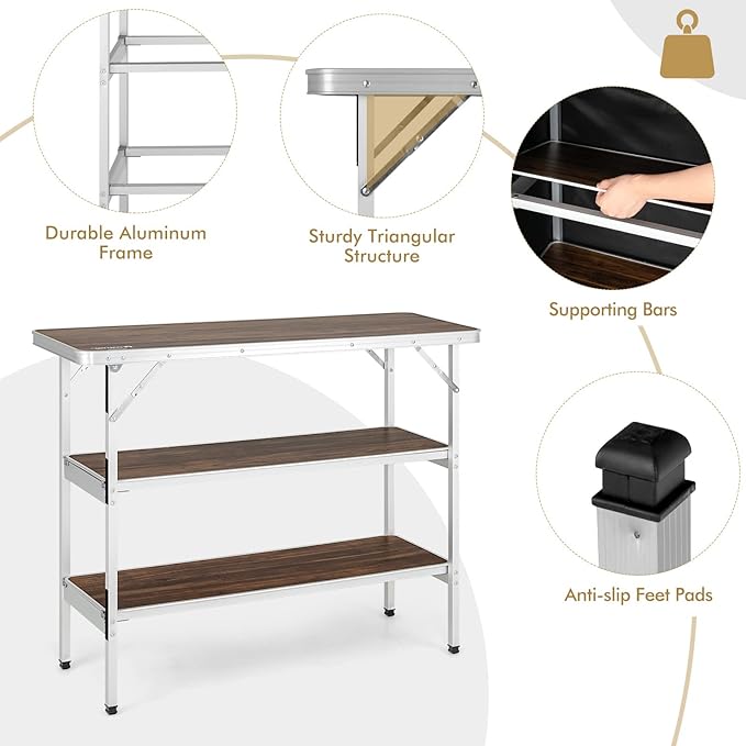 COSTWAY Folding Picnic Table Portable Camping Table with Carry Bag Lightweight Aluminum Food Prep Station with 2 Shelves Quick Set-up BBQ Party Backyard