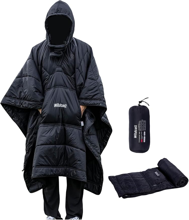 WildCall Hooded Camping Blanket with 3M Thinsulate Insulation Wearable Poncho Blanket Ultralight Foldable Quilt Sleeping Bag for Outdoor Hiking Stadium