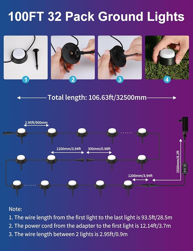 APPECK Smart Ground Lights Wired 32 Pack 100FT RGBW Color Changing Pathway Lights 2200K Warm White Landscape Lighting for Garden Yard Lawn Path Holiday Party Decor with App/Google Assistant