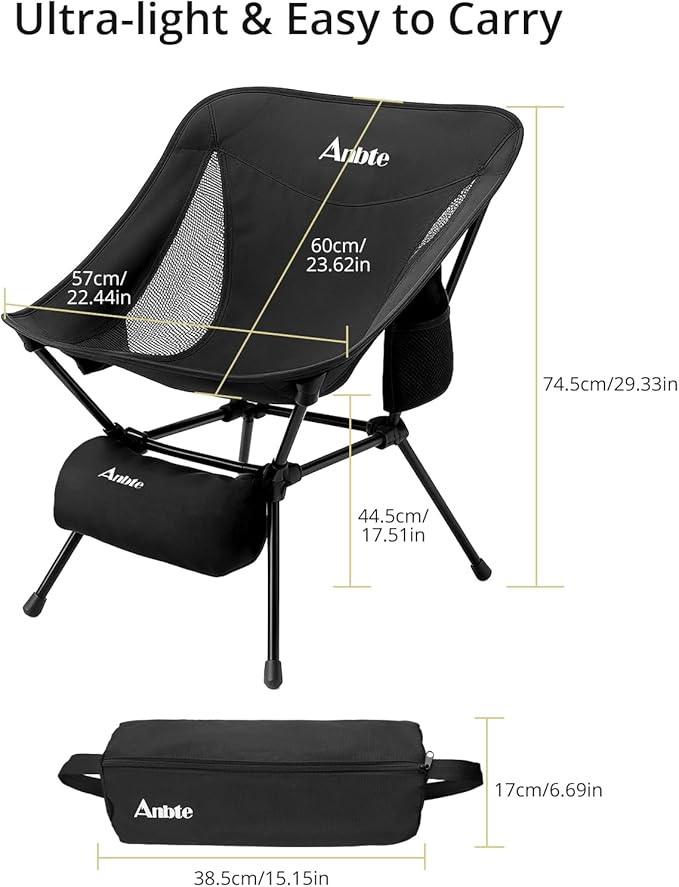 Anbte Folding Camping Table with Storage Net &amp Extra Height &amp Width Portable Camping Chair 400LBS Capacity Compact Folding Chair