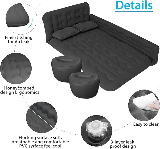 ISWEES Car Bed SUV Air Mattress Car Air Mattress with Electric Pump 2 Inflatable Pillows and 2 Footrests for Back Seat Side SeatTrunk Sleeping Thickened Camping Bed - Black