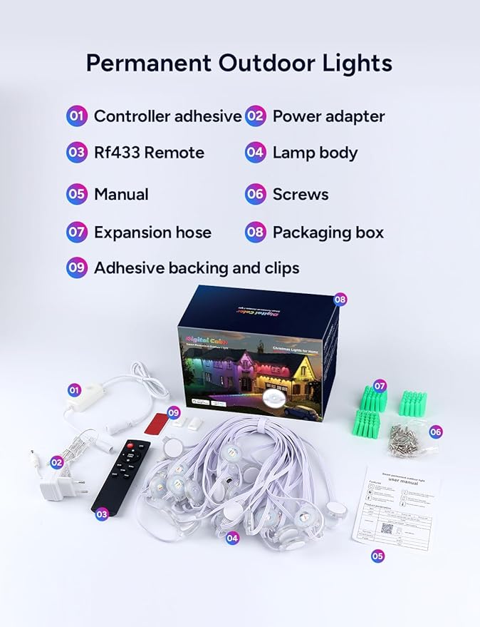 Permanent Outdoor Lights 100ft with 60 RGB LED Lights for Christmas and Daily 49 Scene Modes+DIY for Christmas Decor IP66 Waterproof for Outdoor Compatible with Alexa Google Assistant