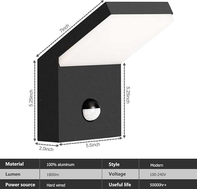 Outdoor Wall Light Motion Sensor Porch LED Exterior Lights Fixture Sconce Black Modern Aluminum Lamps Front Door Lantern for Patio Garden Garage Fence Yard