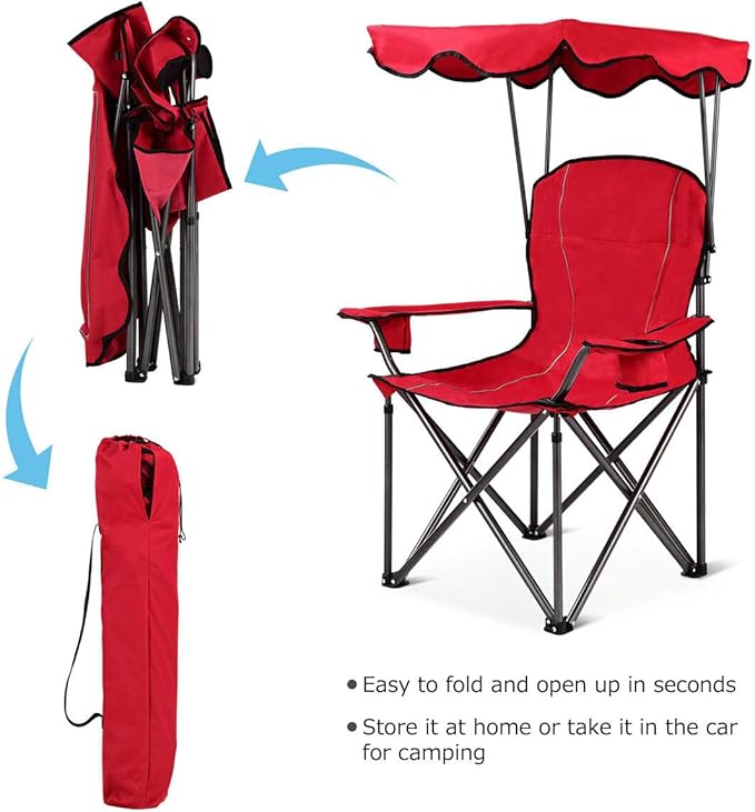 COSTWAY Portable Camping Chair with Canopy Outdoor Lawn Chair with Shade Carry Bag Cup Holder for Travel Picnic Beach (Red)